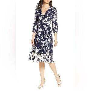 NWT Eliza J Floral Print Faux Wrap Dress Style Size 8 Navy White Timeless Garden